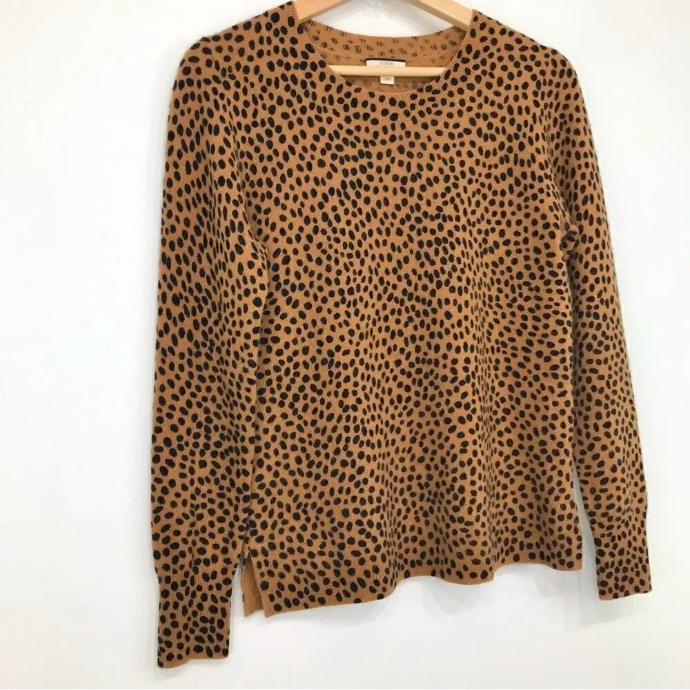 J. Crew LAYLA Camel Tan Black Dot Animal Print 100% Cashmere Crew Neck Sweater